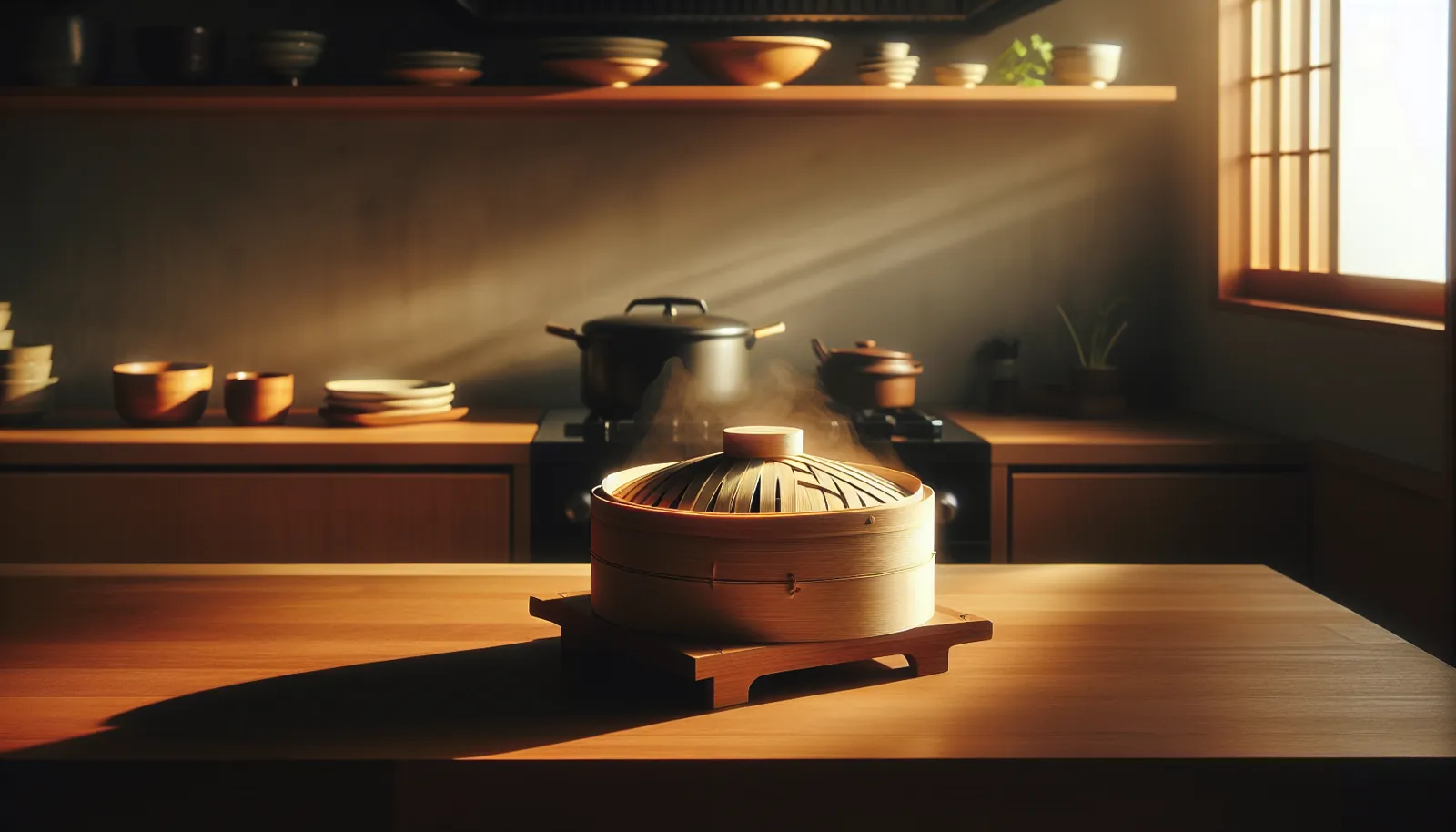 木のカウンターに置かれた蒸籠、やわらかい湯気